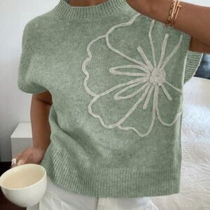 Sage Green Short Sleeve Knit Crew Neck Sweater/Ivory Floral Embossed - Size M